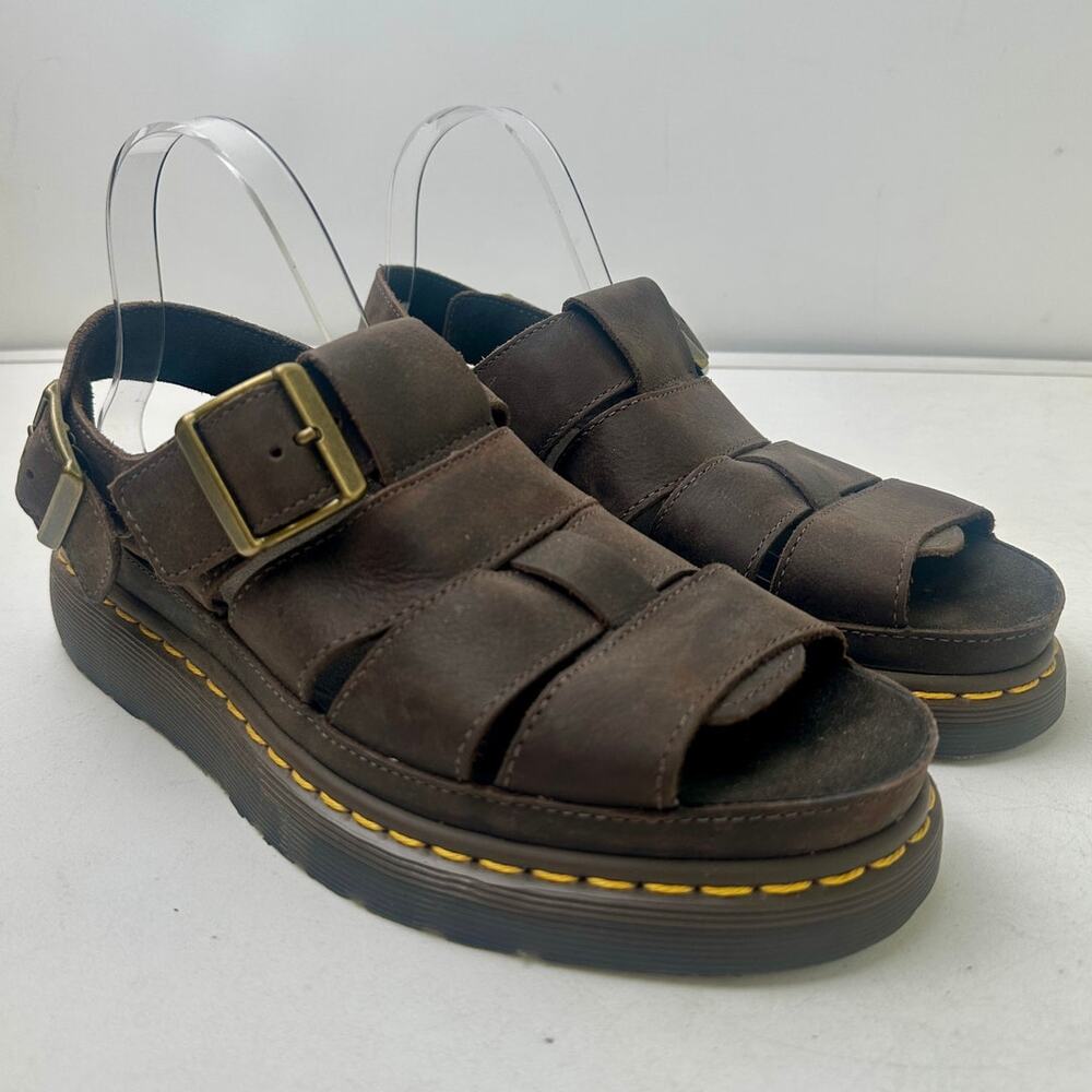 Dr. Martens Brown Leather Platform Fisherman Sandals with Yellow Stitching